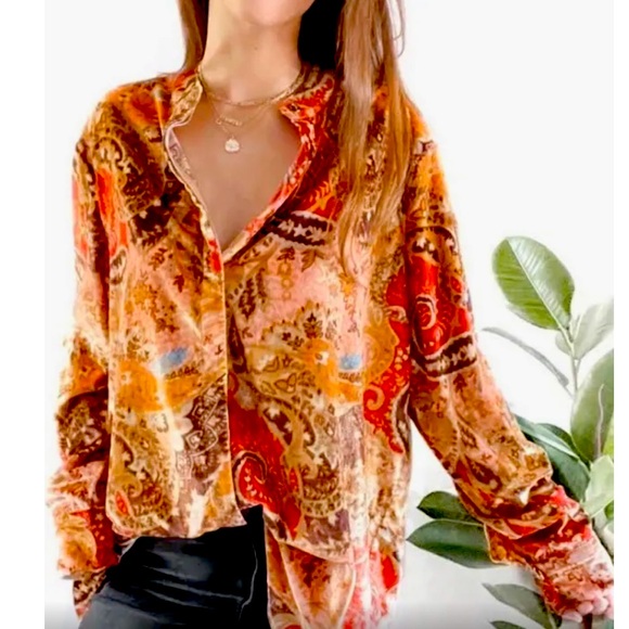 Soft Surroundings Bronze Montaigne Floral Paisley Velvet Button Down PL - Picture 1 of 12
